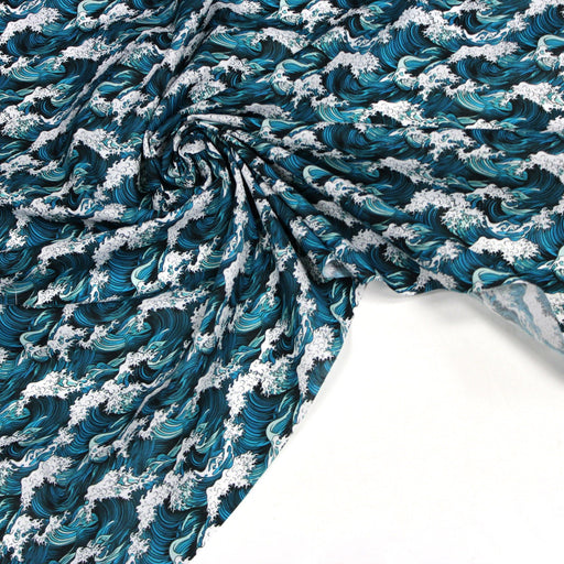 Tissu cotonnade motif japonais de la vague Kanagawa d’Hokusai, tons vert canard & blancs - OEKO - TEX - tissuspipi.com