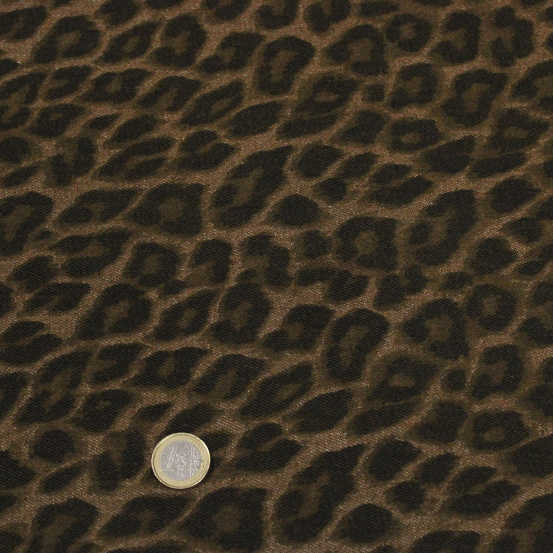Tissu DENIM brut coton, imprimé motif léopard : trois couleurs dispo : noir / vert kaki / chocolat - tissuspipi.com