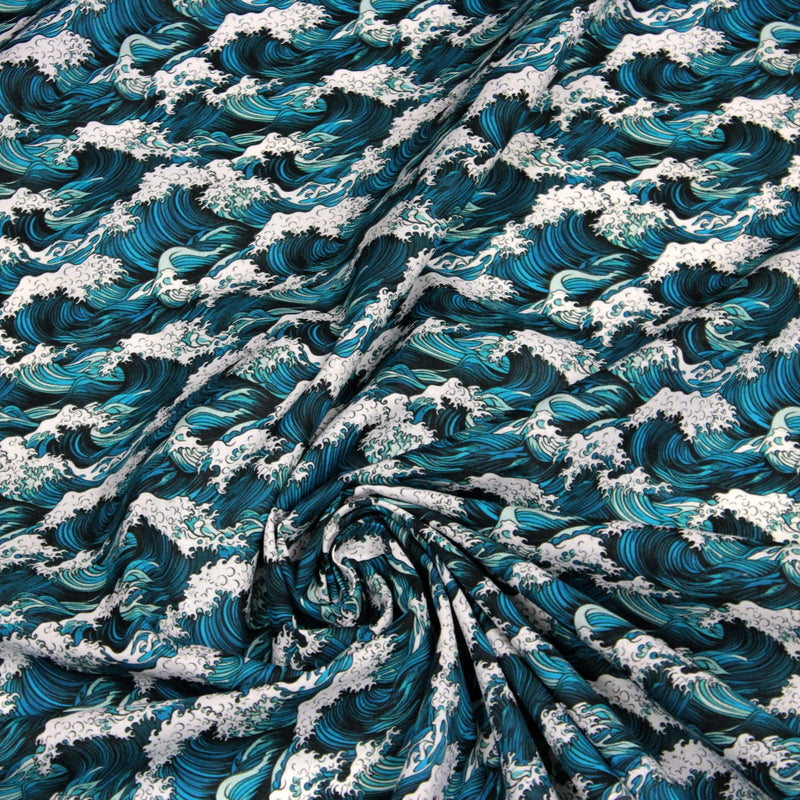 Tissu cotonnade motif japonais de la vague Kanagawa d’Hokusai, tons vert canard & blancs - OEKO - TEX - tissuspipi.com