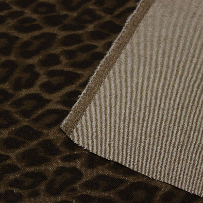 Tissu DENIM brut coton, imprimé motif léopard : trois couleurs dispo : noir / vert kaki / chocolat - tissuspipi.com