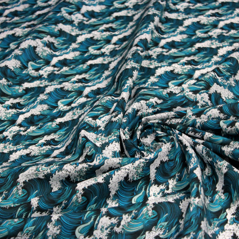 Tissu cotonnade motif japonais de la vague Kanagawa d’Hokusai, tons vert canard & blancs - OEKO - TEX - tissuspipi.com