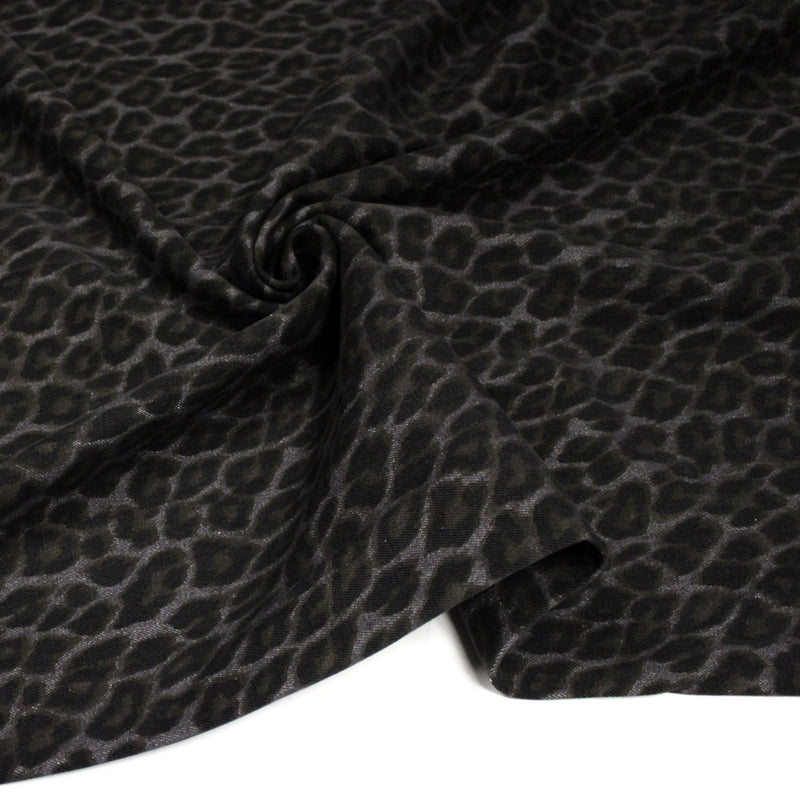 Tissu DENIM brut coton, imprimé motif léopard : trois couleurs dispo : noir / vert kaki / chocolat - tissuspipi.com