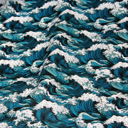 Tissu cotonnade motif japonais de la vague Kanagawa d’Hokusai, tons vert canard & blancs - OEKO - TEX - tissuspipi.com