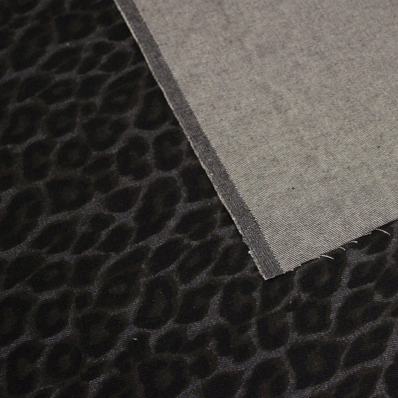 Tissu DENIM brut coton, imprimé motif léopard : trois couleurs dispo : noir / vert kaki / chocolat - tissuspipi.com