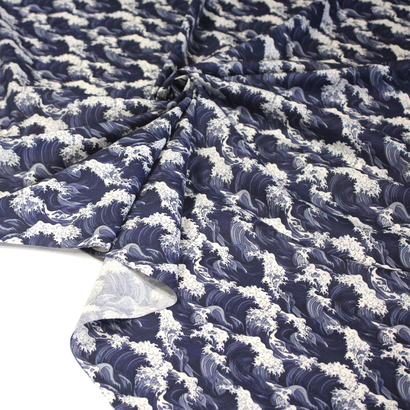 Tissu cotonnade motif de la vague d'HOKUSAI, tons bleus & écrus - tissuspipi.com
