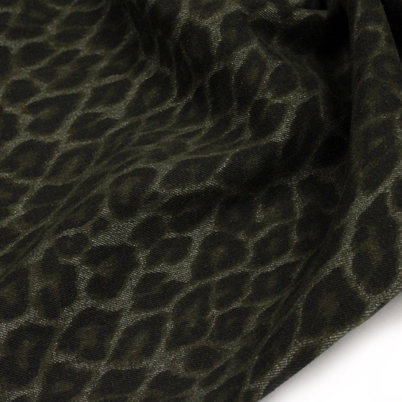 Tissu DENIM brut coton, imprimé motif léopard : trois couleurs dispo : noir / vert kaki / chocolat - tissuspipi.com