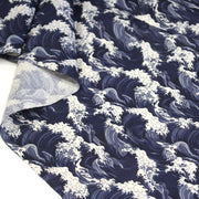 Tissu cotonnade motif de la vague d'HOKUSAI, tons bleus & écrus - tissuspipi.com