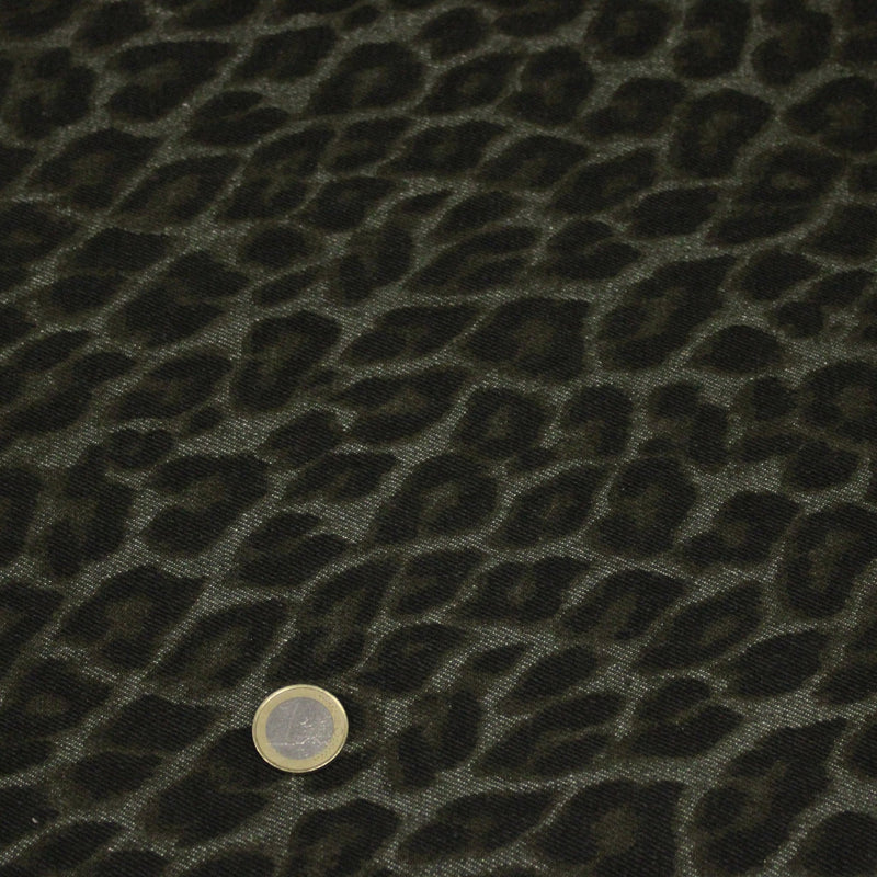Tissu DENIM brut coton, imprimé motif léopard : trois couleurs dispo : noir / vert kaki / chocolat - tissuspipi.com