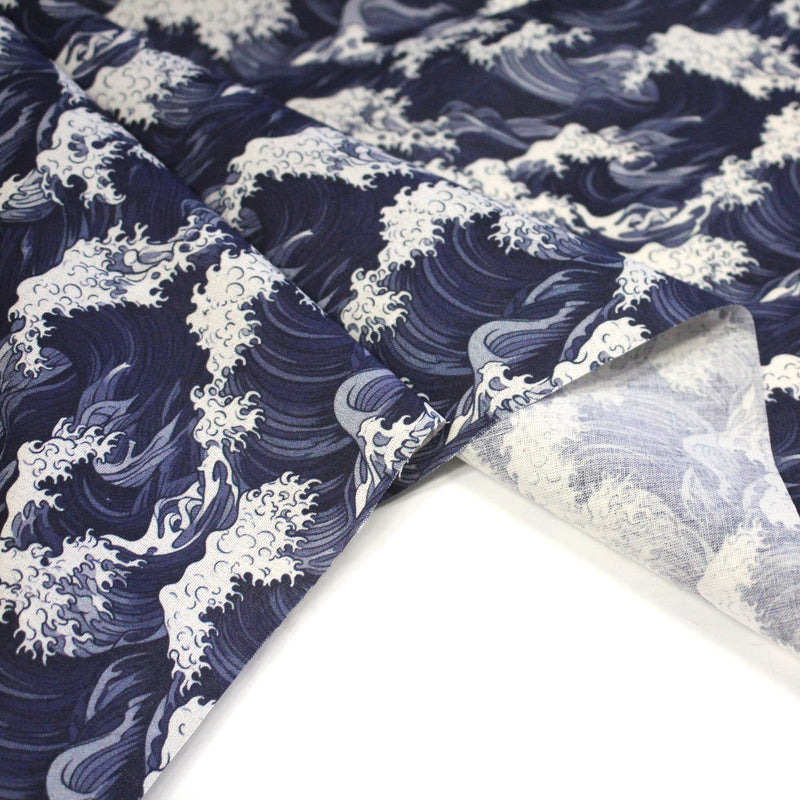 Tissu cotonnade motif de la vague d'HOKUSAI, tons bleus & écrus - tissuspipi.com