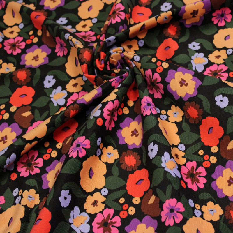 Tissu velours milleraies imprimé automnal coloré aux fleurs oranges, ocres, violettes - STANDARD 100 OEKO-TEX - tissuspipi.com