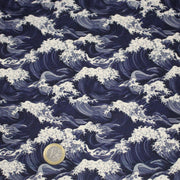 Tissu cotonnade motif de la vague d'HOKUSAI, tons bleus & écrus - tissuspipi.com