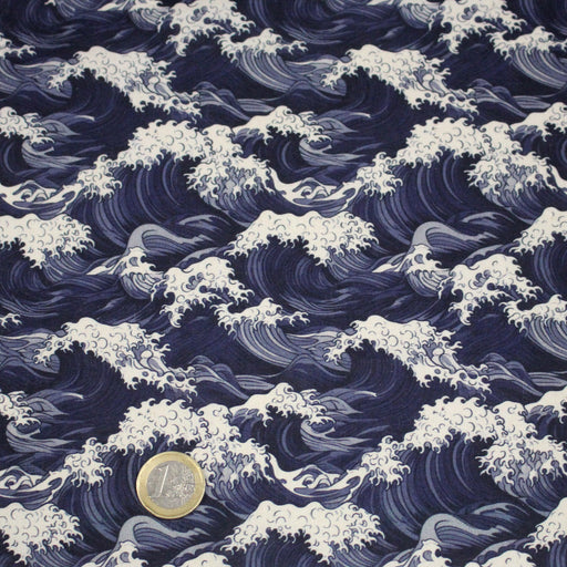 Tissu cotonnade motif de la vague d'HOKUSAI, tons bleus & écrus - tissuspipi.com