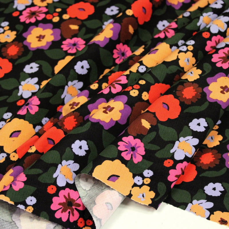 Tissu velours milleraies imprimé automnal coloré aux fleurs oranges, ocres, violettes - STANDARD 100 OEKO-TEX - tissuspipi.com
