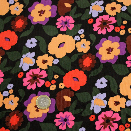 Tissu velours milleraies imprimé automnal coloré aux fleurs oranges, ocres, violettes - STANDARD 100 OEKO-TEX - tissuspipi.com