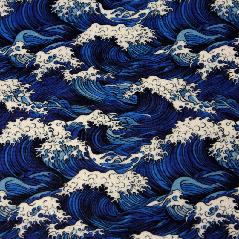 Tissu cotonnade motif japonais de la vague Kanagawa d’Hokusai, tons bleus & blancs - OEKO - TEX - tissuspipi.com