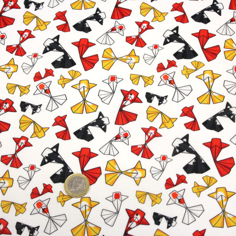 Tissu cotonnade motif japonais poissons koï origami rouge jaune et noir - OEKO - TEX - tissuspipi.com