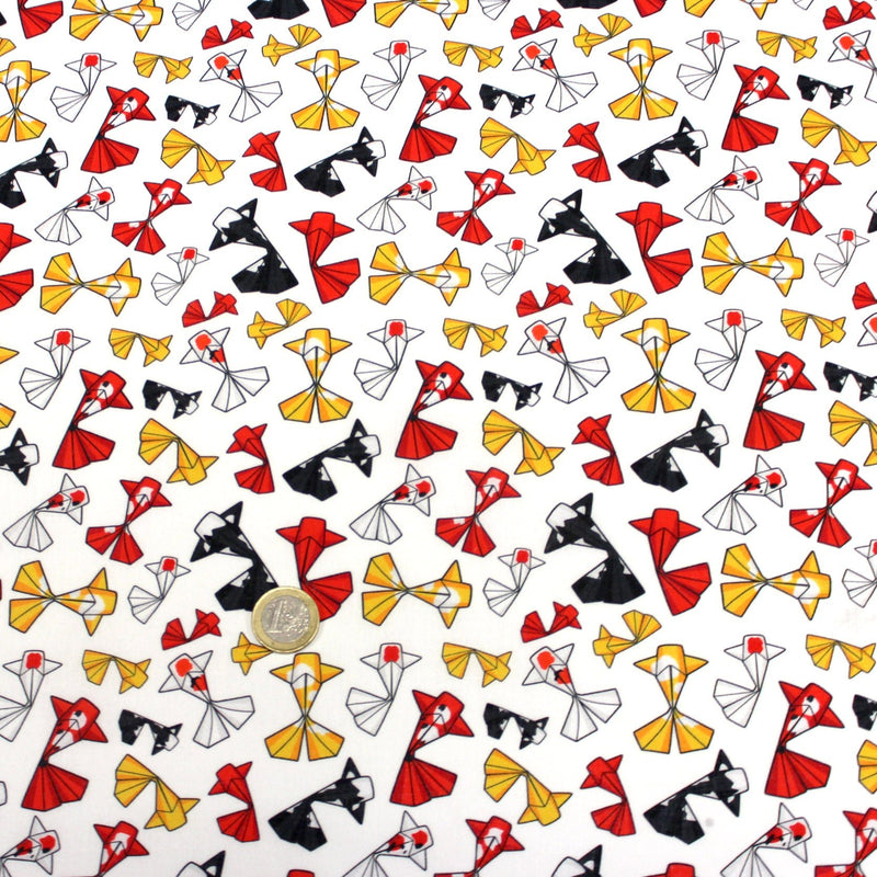 Tissu cotonnade motif japonais poissons koï origami rouge jaune et noir - OEKO - TEX - tissuspipi.com
