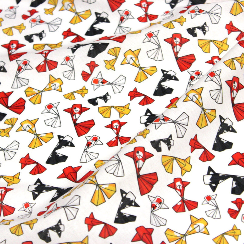 Tissu cotonnade motif japonais poissons koï origami rouge jaune et noir - OEKO - TEX - tissuspipi.com
