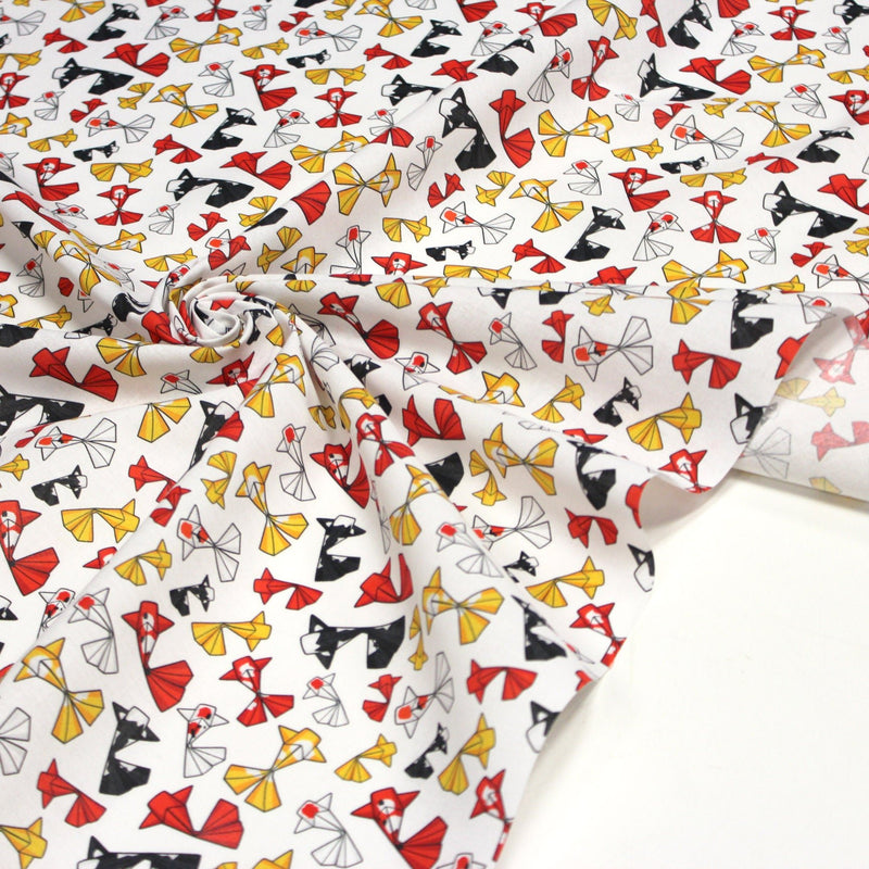 Tissu cotonnade motif japonais poissons koï origami rouge jaune et noir - OEKO - TEX - tissuspipi.com