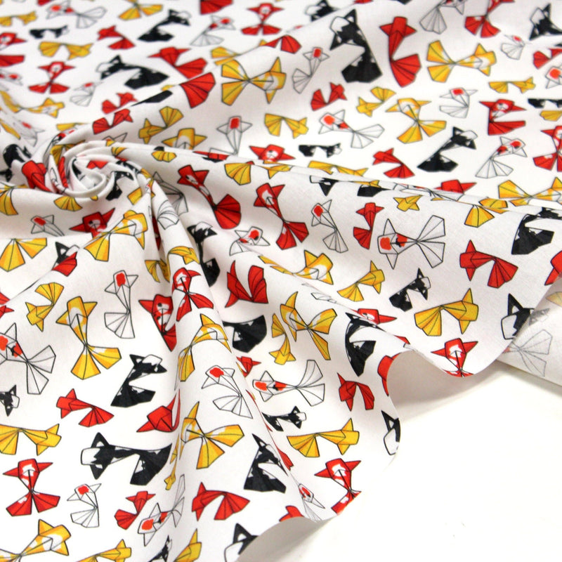 Tissu cotonnade motif japonais poissons koï origami rouge jaune et noir - OEKO - TEX - tissuspipi.com