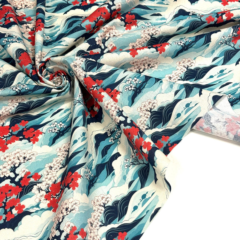 Tissu cotonnade motif japonais de la vague Hokusai & fleurs cerisiers Sakura, tons bleus & rouges - OEKO - TEX - tissuspipi.com