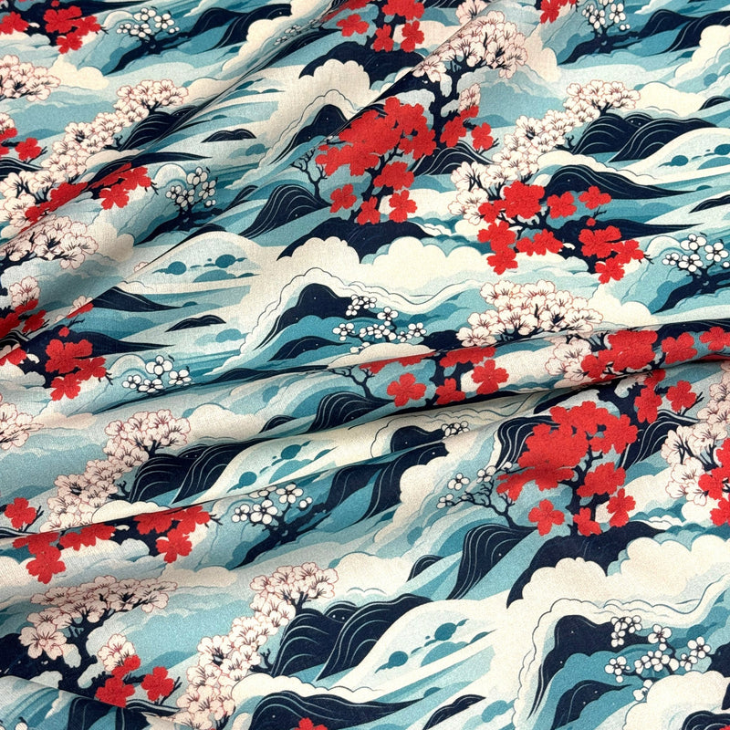 Tissu cotonnade motif japonais de la vague Hokusai & fleurs cerisiers Sakura, tons bleus & rouges - OEKO - TEX - tissuspipi.com