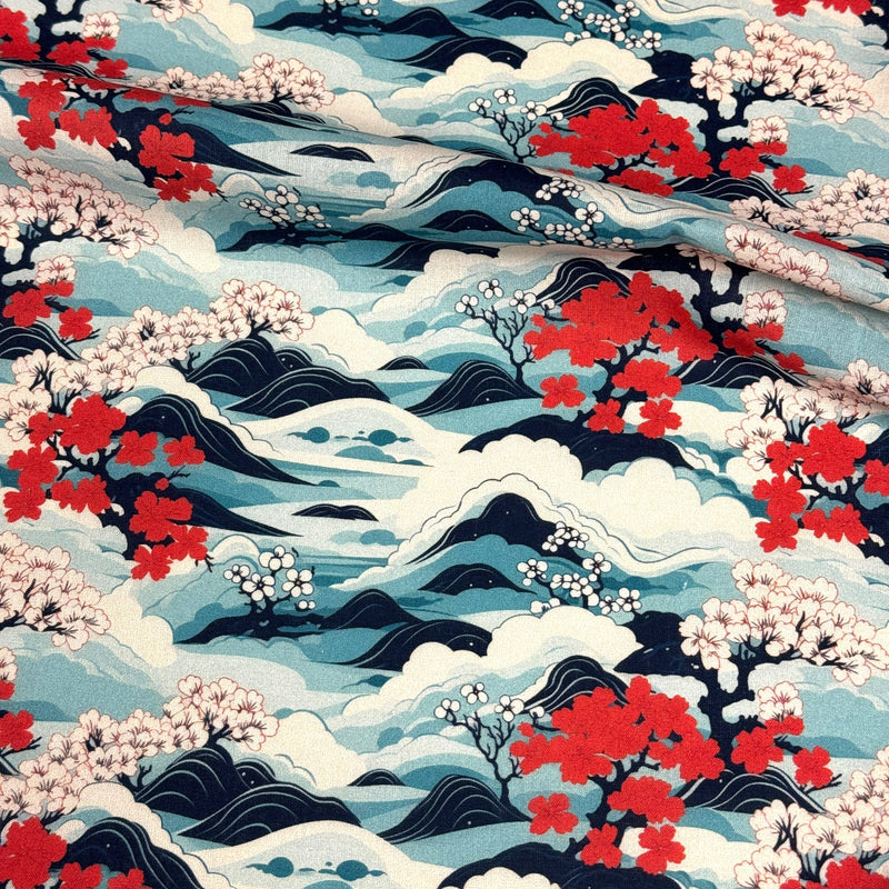 Tissu cotonnade motif japonais de la vague Hokusai & fleurs cerisiers Sakura, tons bleus & rouges - OEKO - TEX - tissuspipi.com