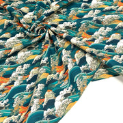Tissu cotonnade motif japonais de la vague Kanagawa d’Hokusai, tons vert canard, oranges et blancs - OEKO - TEX - tissuspipi.com