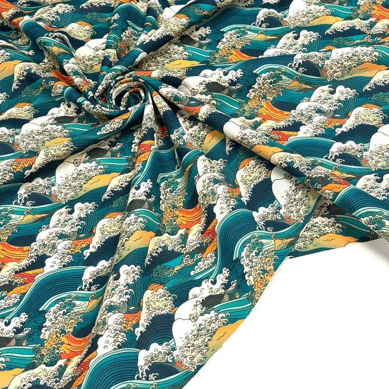Tissu cotonnade motif japonais de la vague Kanagawa d’Hokusai, tons vert canard, oranges et blancs - OEKO - TEX - tissuspipi.com