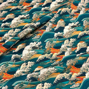 Tissu cotonnade motif japonais de la vague Kanagawa d’Hokusai, tons vert canard, oranges et blancs - OEKO - TEX - tissuspipi.com