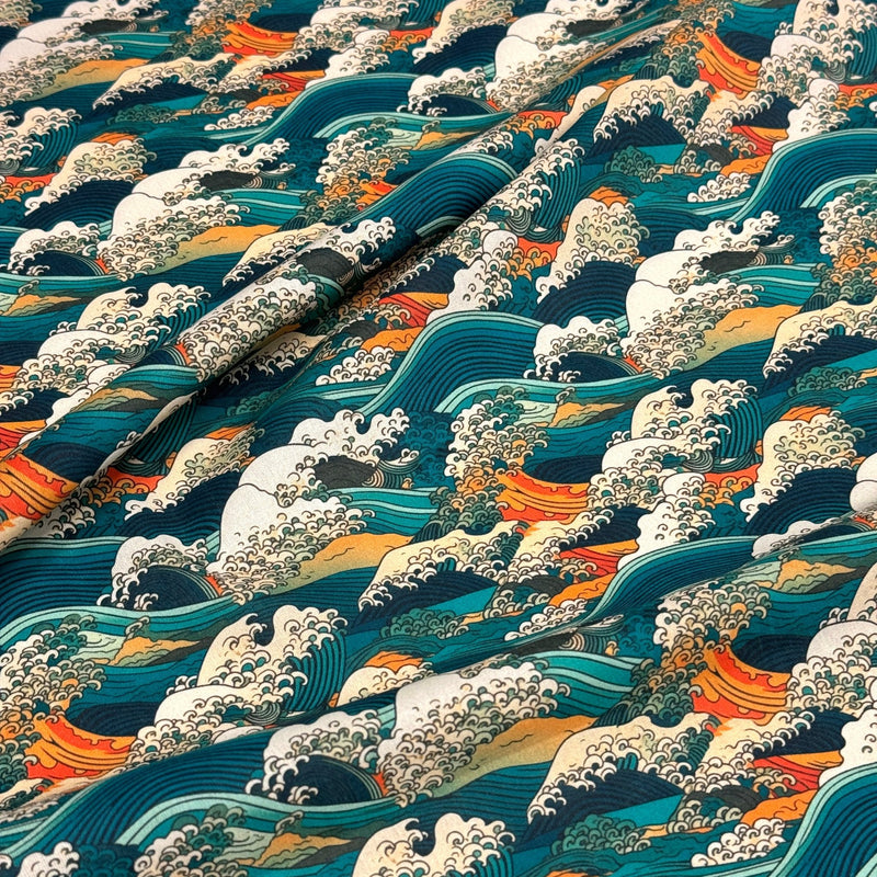 Tissu cotonnade motif japonais de la vague Kanagawa d’Hokusai, tons vert canard, oranges et blancs - OEKO - TEX - tissuspipi.com