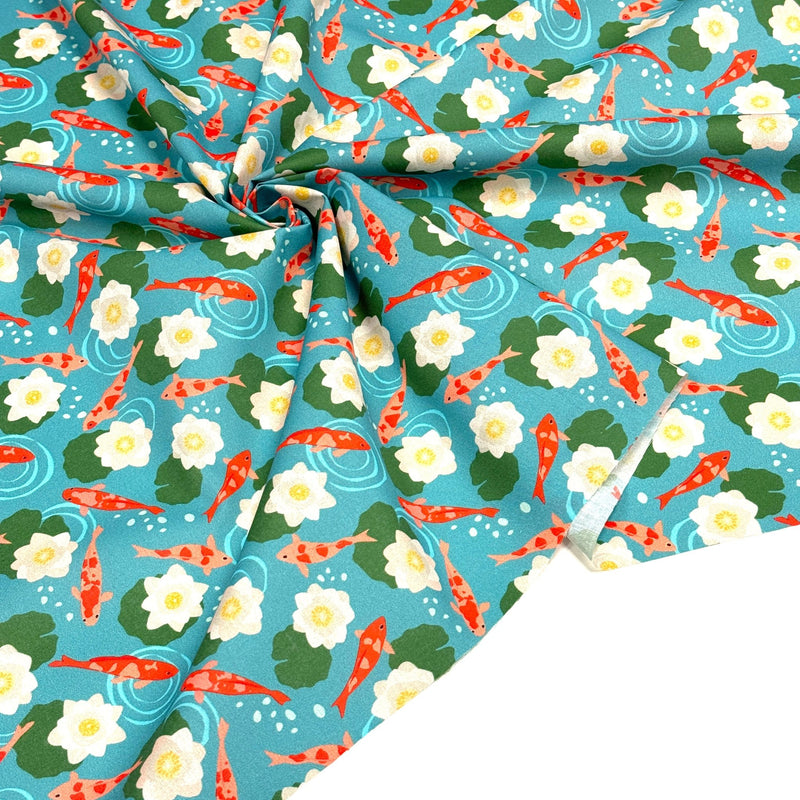 Tissu cotonnade motif japonais KOï aux poissons carpes koï & nénuphars, fond bleu d'eau - OEKO - TEX - tissuspipi.com