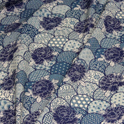 Tissu cotonnade GIMZA aux motifs japonais floraux & géométriques traditionnels, tons bleus - OEKO - TEX - tissuspipi.com