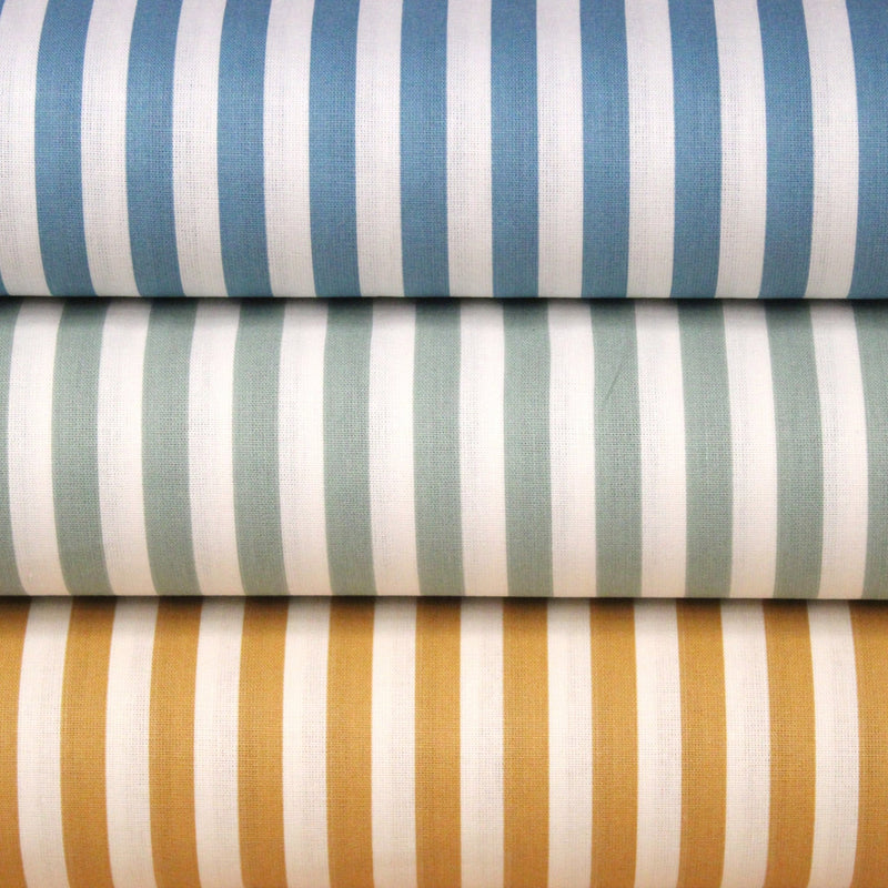Tissu cotonnade rayée 1cm : trois couleurs au choix : Bleu / Vert sauge / Ocre - STANDARD 100 OEKO-TEX - tissuspipi.com