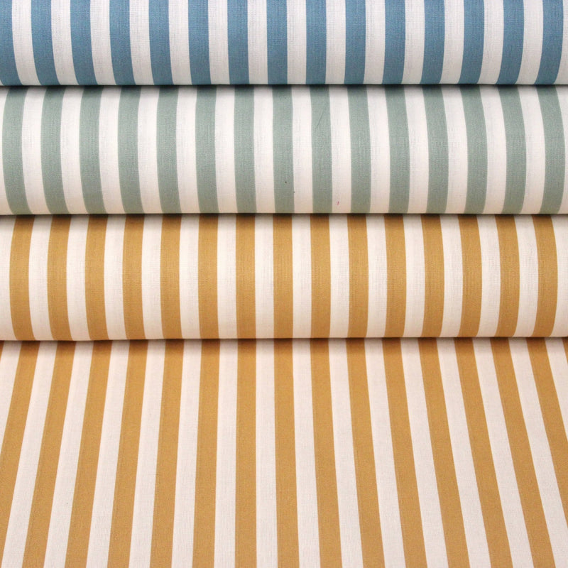 Tissu cotonnade rayée 1cm : trois couleurs au choix : Bleu / Vert sauge / Ocre - STANDARD 100 OEKO-TEX - tissuspipi.com