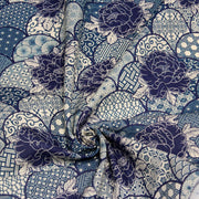 Tissu cotonnade GIMZA aux motifs japonais floraux & géométriques traditionnels, tons bleus - OEKO - TEX - tissuspipi.com