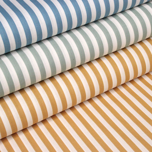 Tissu cotonnade rayée 1cm : trois couleurs au choix : Bleu / Vert sauge / Ocre - STANDARD 100 OEKO-TEX - tissuspipi.com