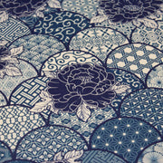 Tissu cotonnade GIMZA aux motifs japonais floraux & géométriques traditionnels, tons bleus - OEKO - TEX - tissuspipi.com