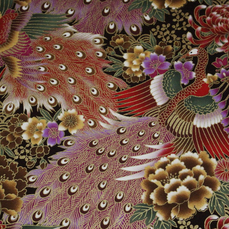Tissu coton motif japonais aux paons dorés, tons bleus & rouges ou mauves & rouge - COLLECTION JAPON DORÉ - tissuspipi.com