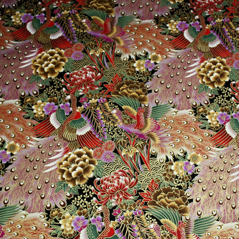 Tissu coton motif japonais aux paons dorés, tons bleus & rouges ou mauves & rouge - COLLECTION JAPON DORÉ - tissuspipi.com