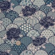 Tissu cotonnade GIMZA aux motifs japonais floraux & géométriques traditionnels, tons bleus - OEKO - TEX - tissuspipi.com