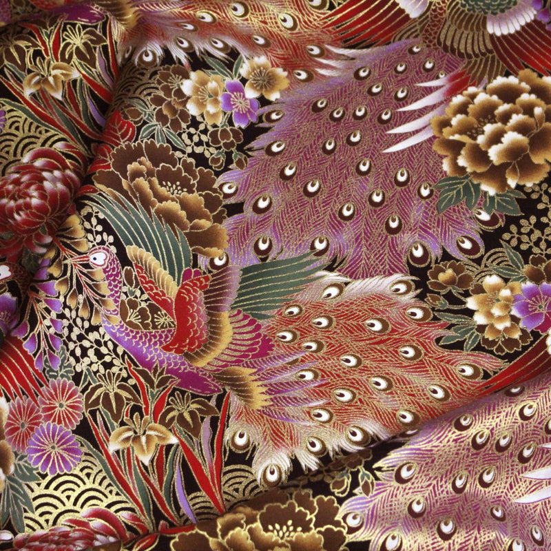 Tissu coton motif japonais aux paons dorés, tons bleus & rouges ou mauves & rouge - COLLECTION JAPON DORÉ - tissuspipi.com