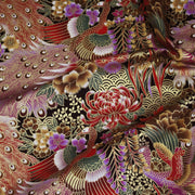Tissu coton motif japonais aux paons dorés, tons bleus & rouges ou mauves & rouge - COLLECTION JAPON DORÉ - tissuspipi.com