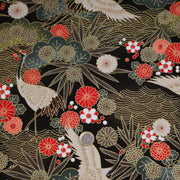 Tissu coton motif japonais TSURU aux grues dorées, chrysanthèmes & Seigaiha, fond noir - COLLECTION JAPON DORÉ - tissuspipi.com