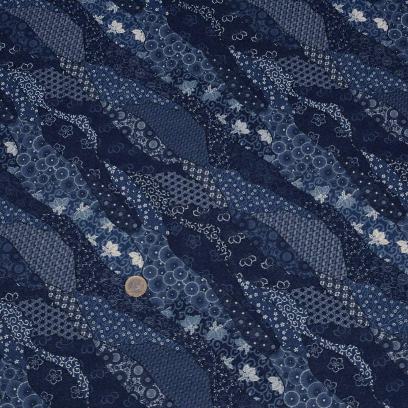 Tissu SHIBUYA, motifs japonais & faux - uni bleu : cotonnade ou gabardine - OEKO - TEX - tissuspipi.com