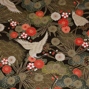 Tissu coton motif japonais TSURU aux grues dorées, chrysanthèmes & Seigaiha, fond noir - COLLECTION JAPON DORÉ - tissuspipi.com