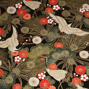 Tissu coton motif japonais TSURU aux grues dorées, chrysanthèmes & Seigaiha, fond noir - COLLECTION JAPON DORÉ - tissuspipi.com
