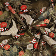 Tissu coton motif japonais TSURU aux grues dorées, chrysanthèmes & Seigaiha, fond noir - COLLECTION JAPON DORÉ - tissuspipi.com