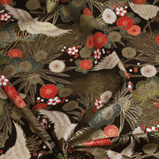 Tissu coton motif japonais TSURU aux grues dorées, chrysanthèmes & Seigaiha, fond noir - COLLECTION JAPON DORÉ - tissuspipi.com