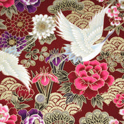 Tissu coton motif japonais TSURU aux grues dorées, chrysanthèmes & Seigaiha, fond rouge - COLLECTION JAPON DORÉ - tissuspipi.com